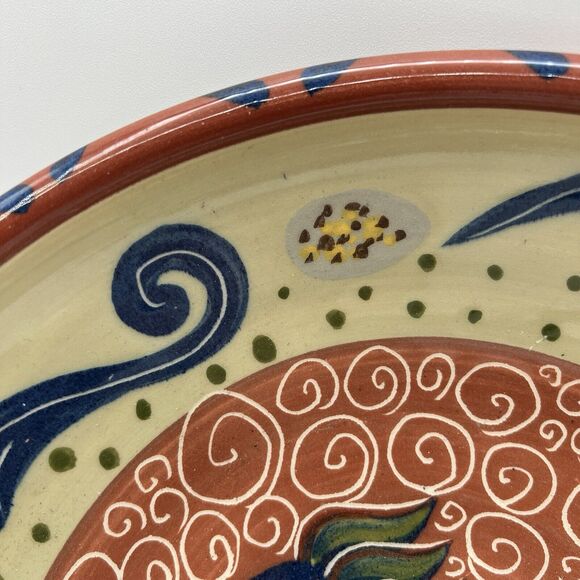 American Folk Art Pottery Serving Bowl Bird Hand Painted McNeil Red Blue 11" - Picture 6 of 9